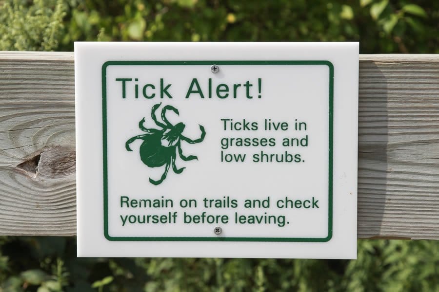 Tick alert sign on a bench We efficiently treat Lyme Disease in Florida