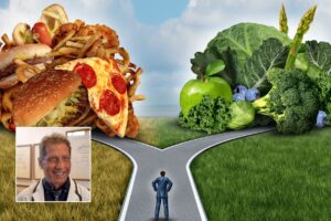 adult choosing between a healthy path to fruits and veggies or a path to processed food.