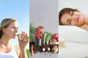 woman drinking from a glass, fresh food and sleeping soundly