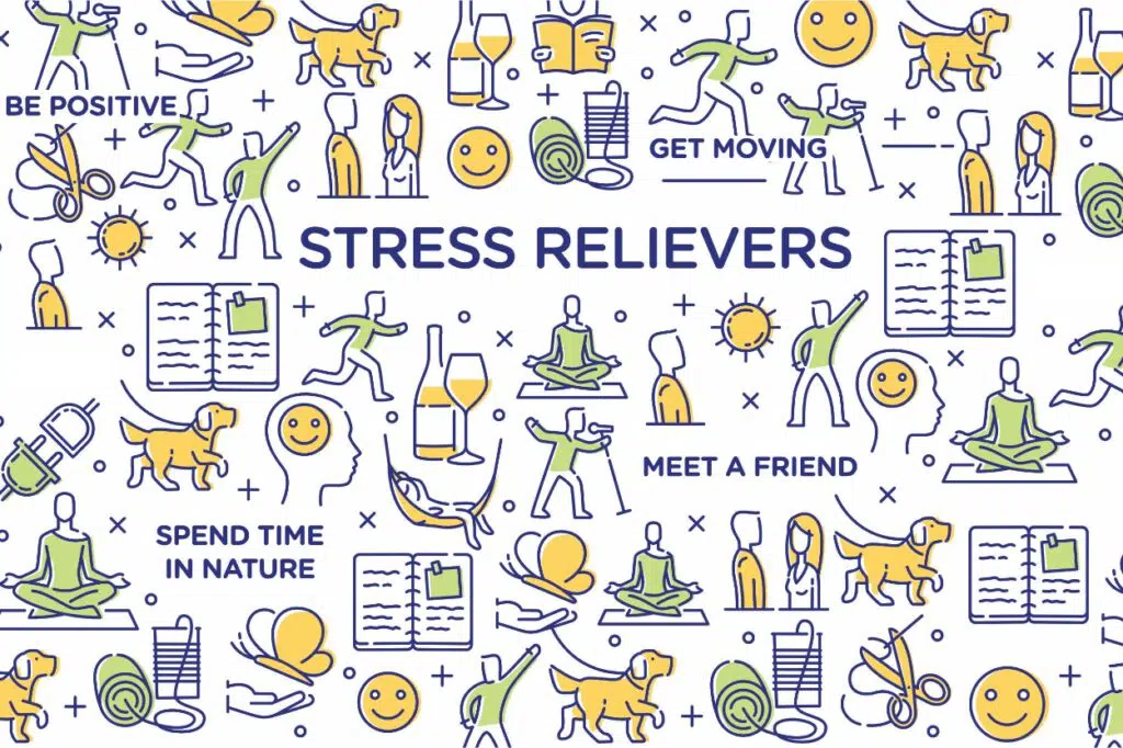 stress relievers, get moving, be in nature, meet a friend, be positive