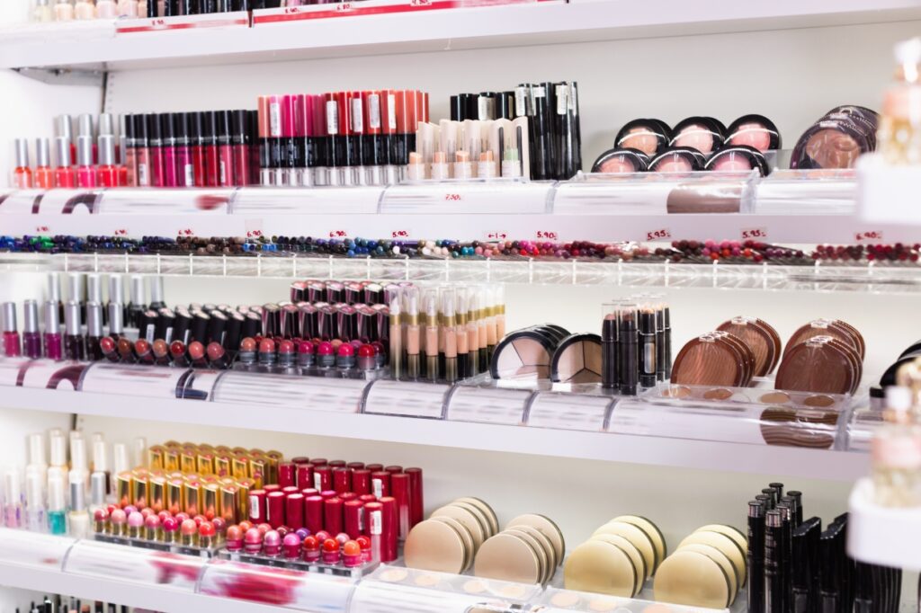 Aisle of cosmetics from a store. Environmental toxins can be found in your cosmetics.