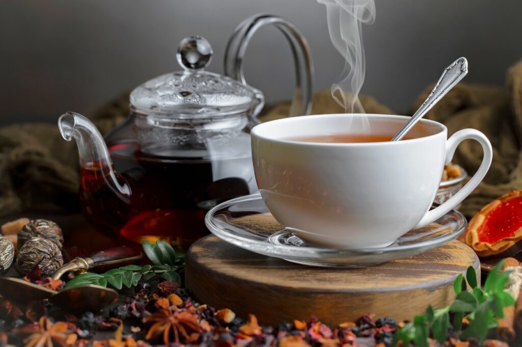 cup of steaming herbal tea for adrenal fatigue support